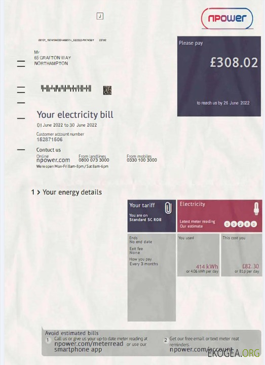United Kingdom npower electricity bill in psd format template